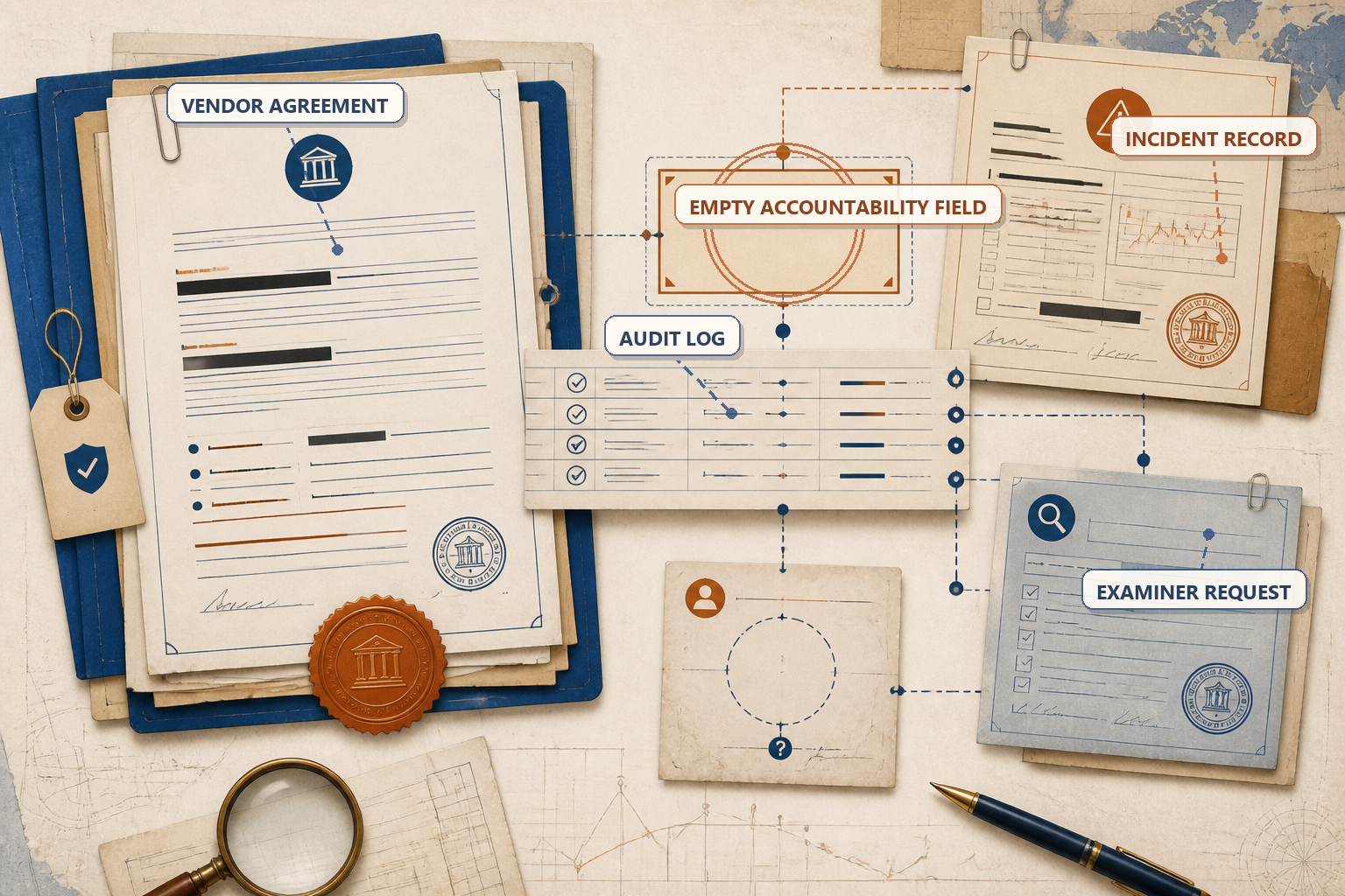 Editorial illustration of a vendor agreement, audit evidence, and examiner request revealing a missing accountability field.