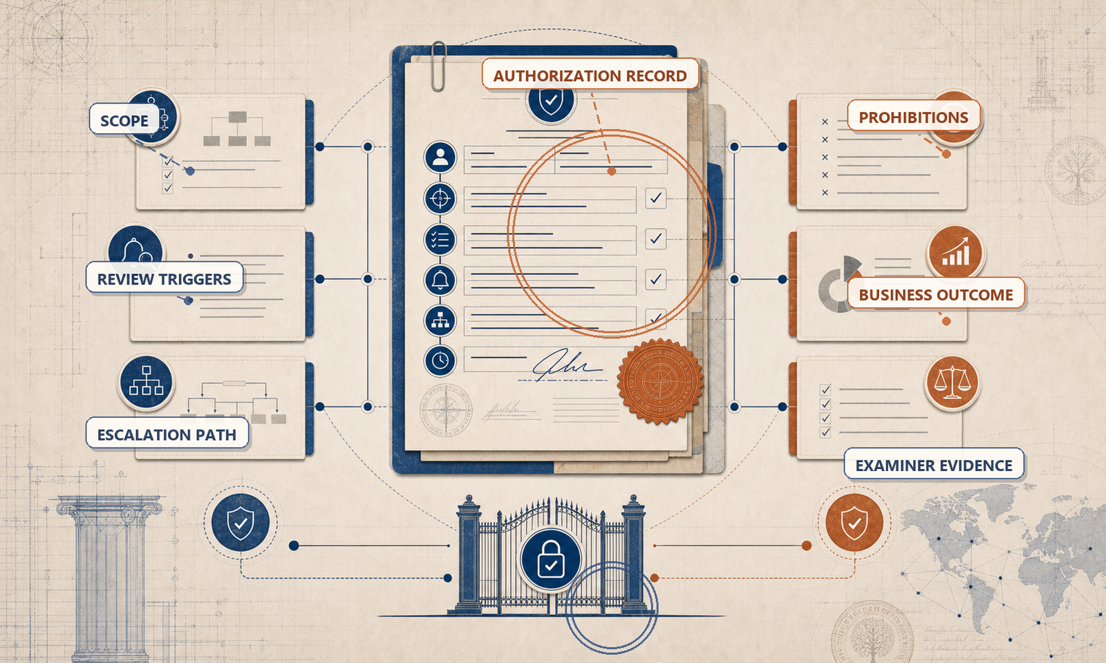 Governance illustration showing an authorization record anchoring agent scope, review triggers, business outcome, and examiner evidence.