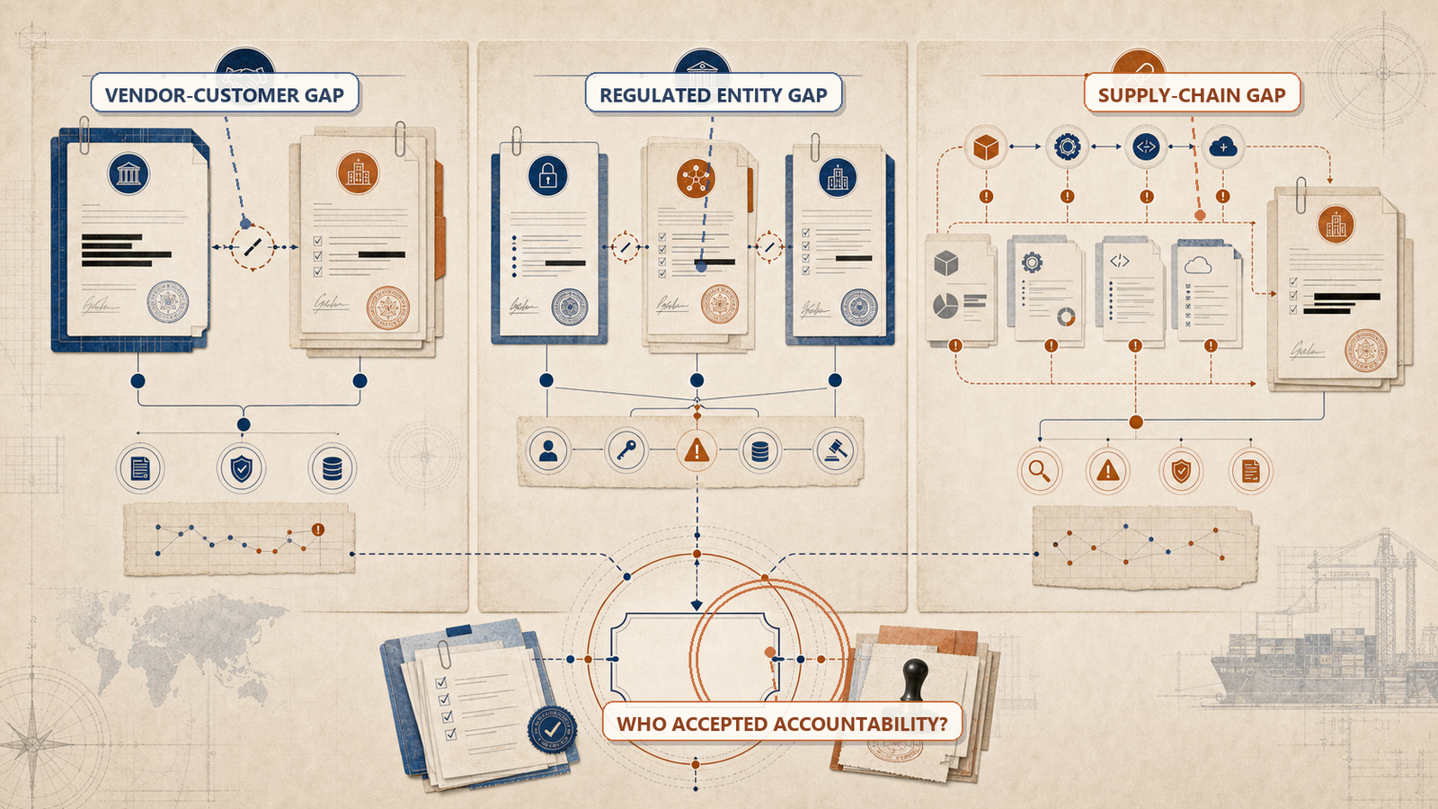 Triptych governance illustration showing vendor, platform, and supply-chain accountability gaps.