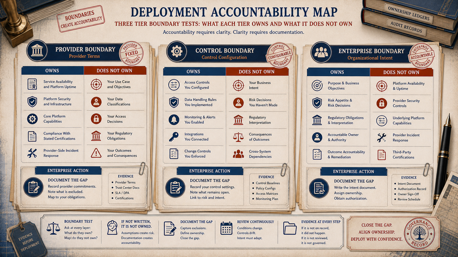 Editorial governance triptych showing provider, control, and enterprise boundary tests with owns and does not own columns.