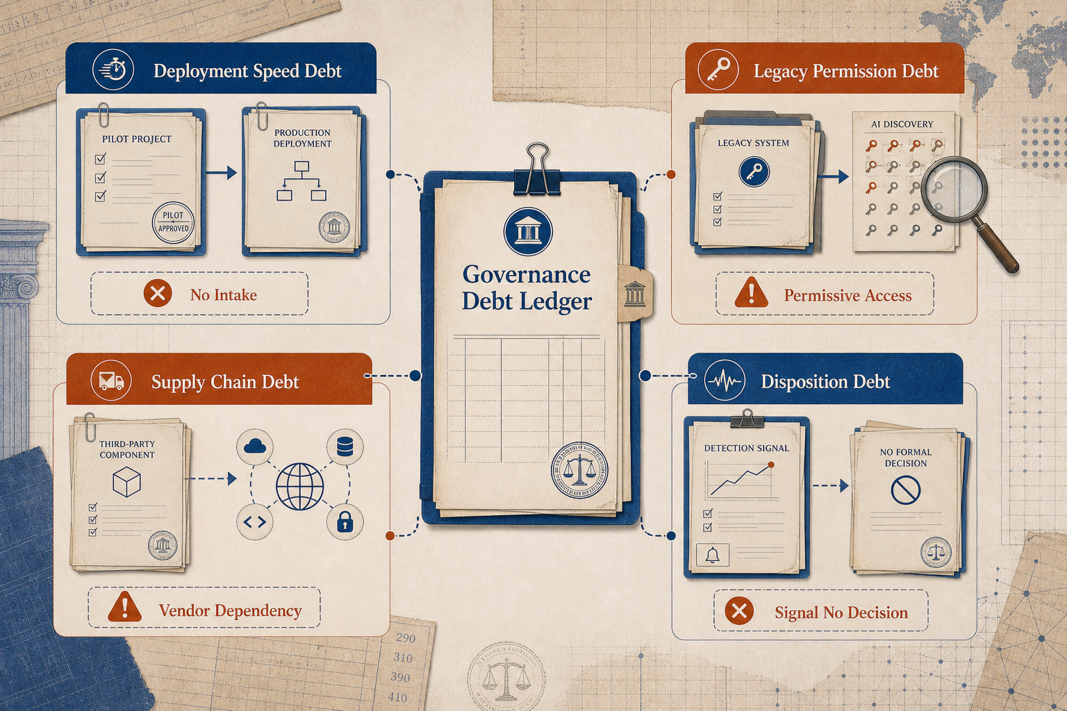 Editorial diagnostic board showing deployment speed debt, legacy permission debt, supply chain debt, and disposition debt connected to a governance debt ledger.