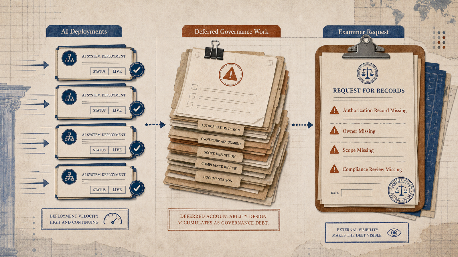 Editorial governance illustration showing AI deployments creating deferred governance work that becomes visible when an examiner requests missing authorization records.