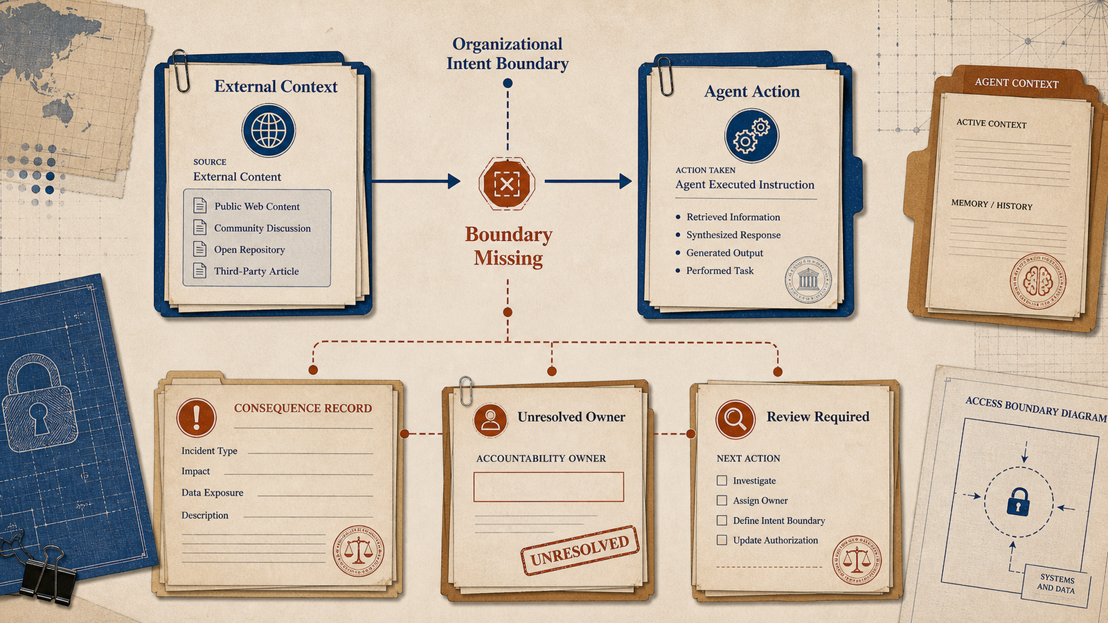 Editorial risk pathway illustration showing external context flowing into agent action when the organizational intent boundary is missing.
