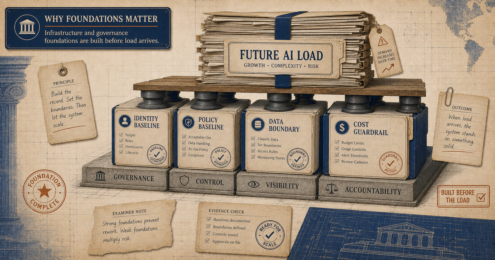 Abstract foundation image showing weight-bearing infrastructure prepared before load arrives.