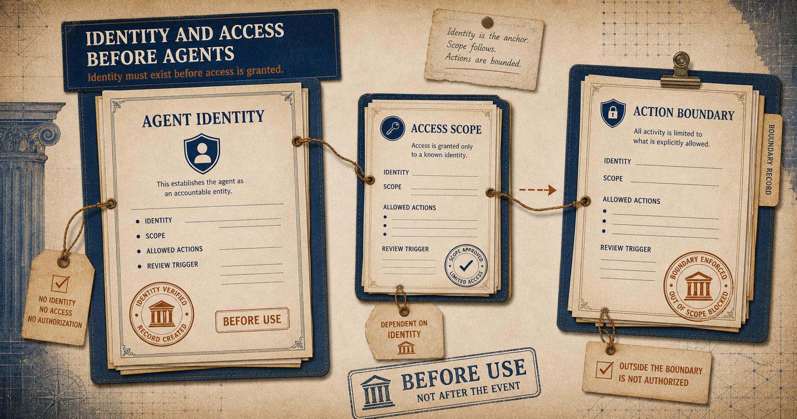 Abstract identity and access image showing authorization decisions before agents reach resources.
