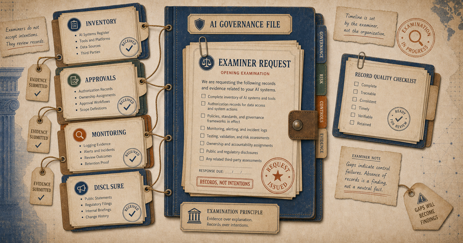 Editorial governance visual showing an examiner request leading to produced evidence and an exposed governance gap.