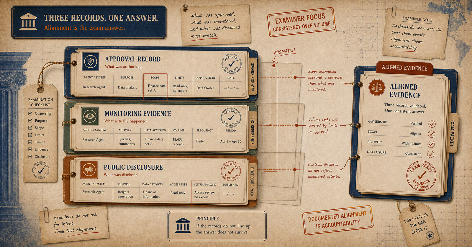 Editorial governance visual showing deployment review, agent authorization, and monitoring cadence forming an examiner-ready packet.
