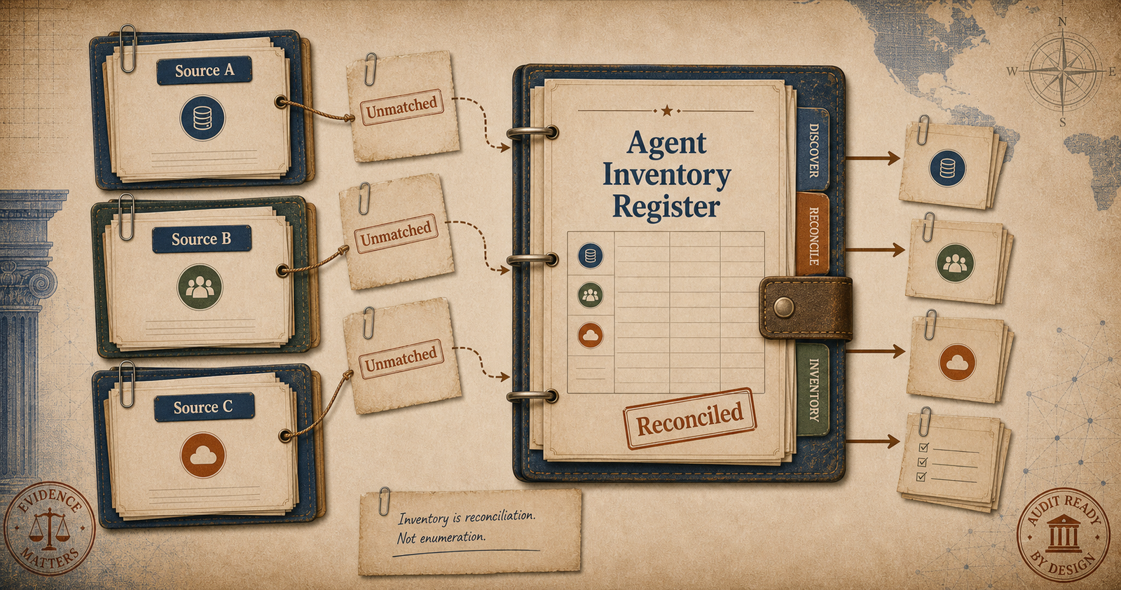 Editorial governance illustration comparing approved agents, discovered agents, and the shadow agent population.