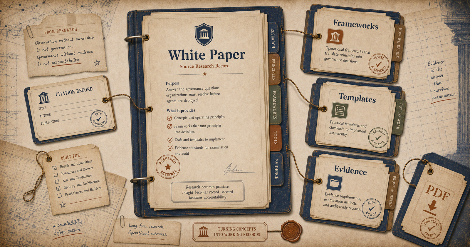 Editorial governance visual showing a white paper connected to frameworks, templates, evidence, citation record, and PDF packet.