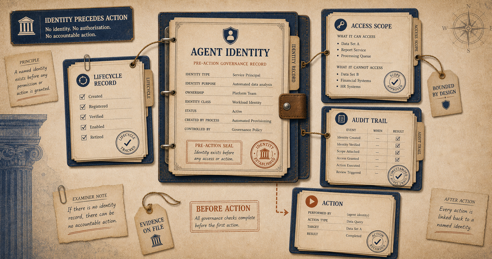 Abstract identity image showing assignment before an agent action path begins.
