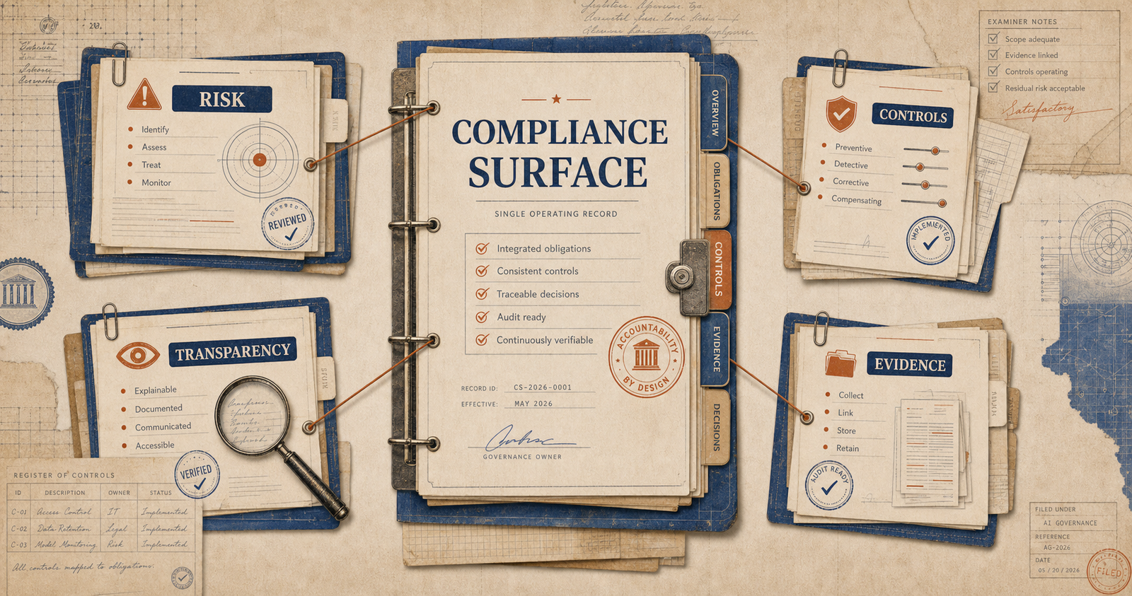 Abstract compliance architecture image showing multiple framework layers forming one surface.