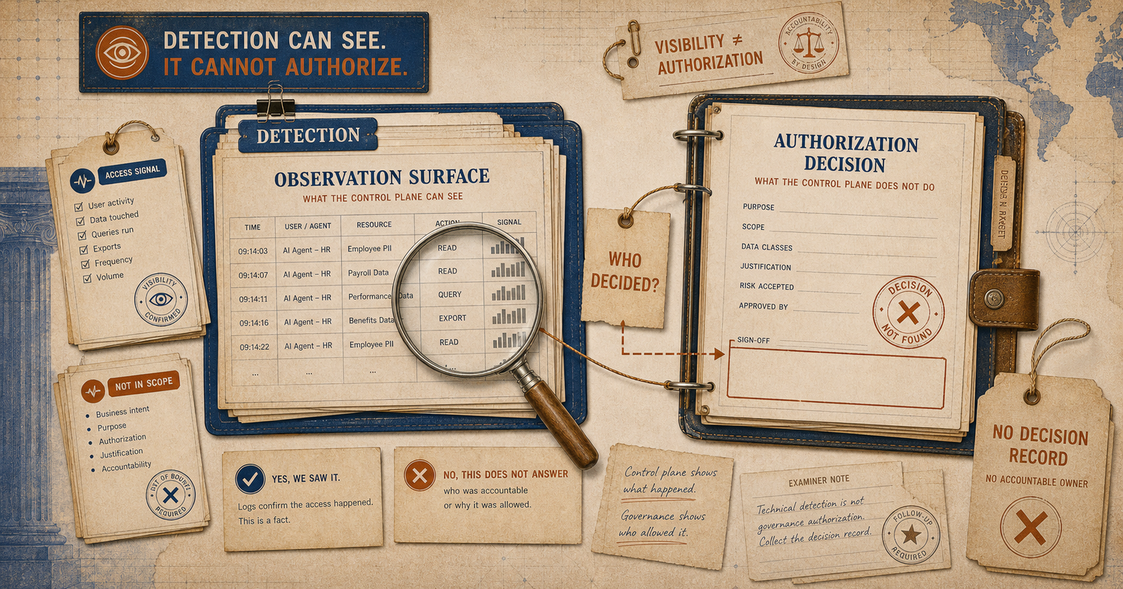 Abstract observation image showing data visibility without an authorization decision layer.