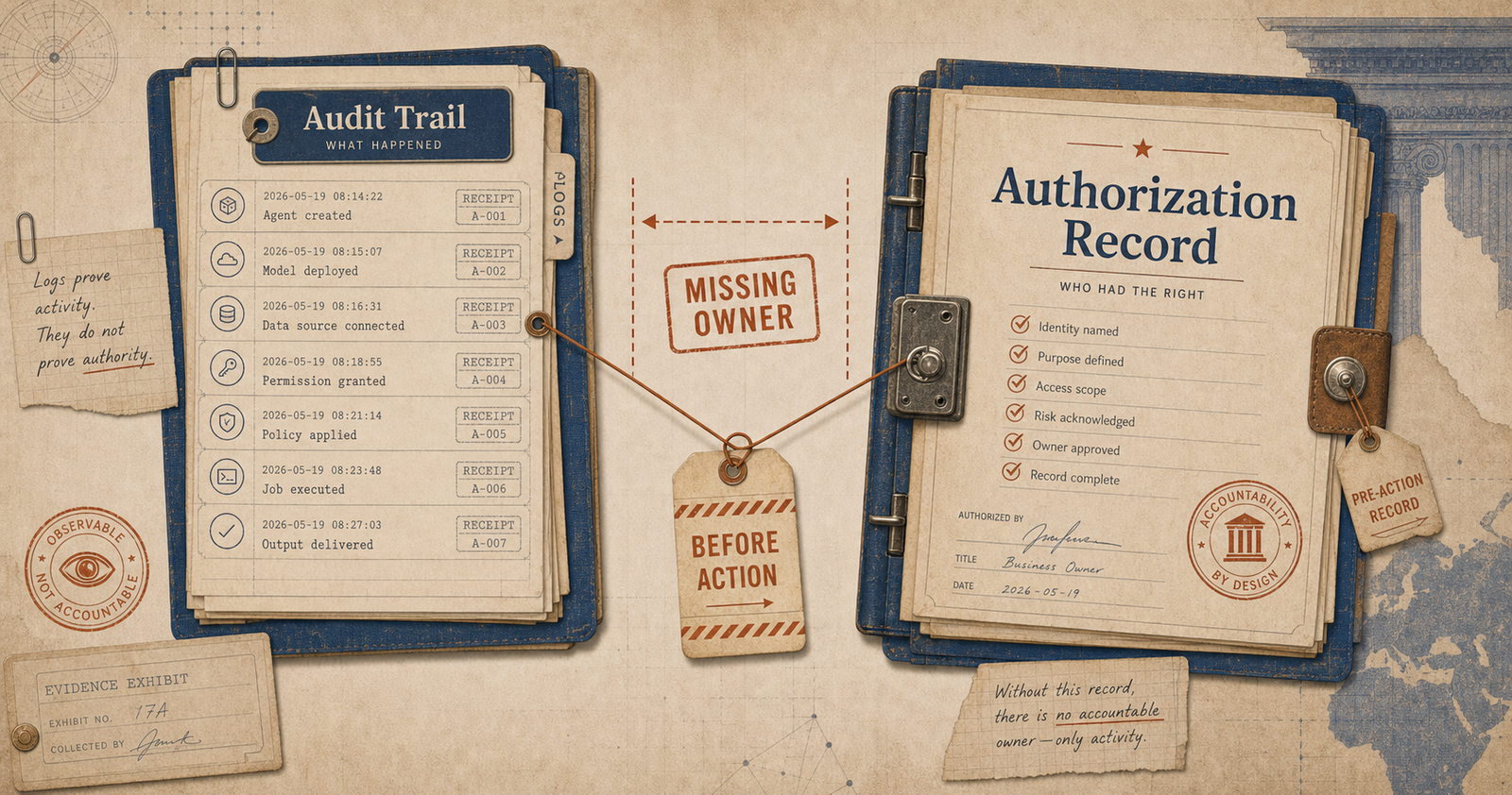 Editorial governance visual contrasting an audit trail with a pre-action authorization record.